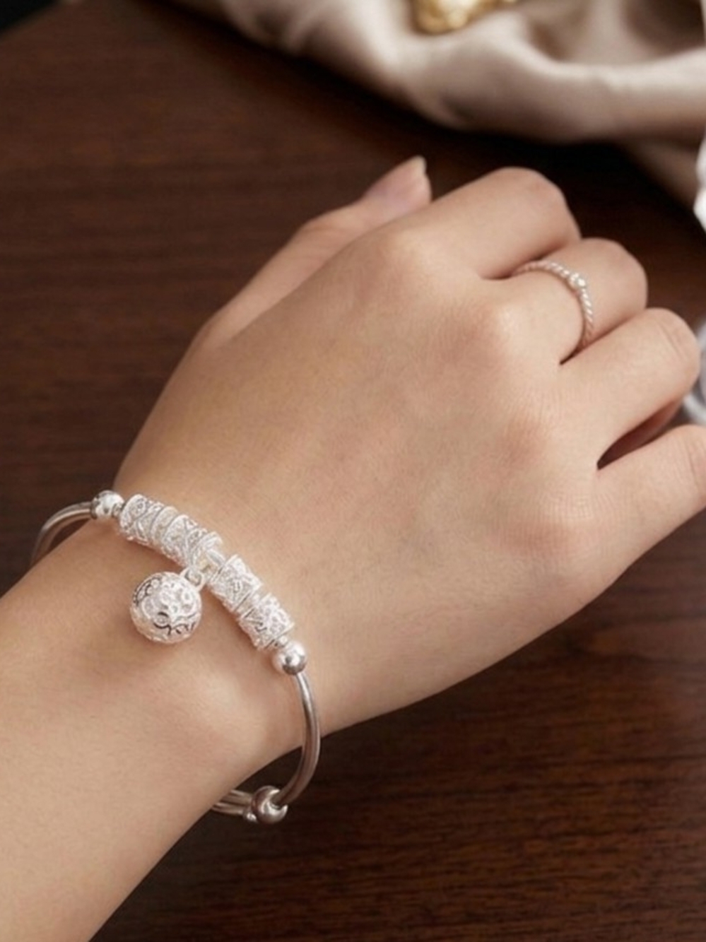 925 Silver Filigree Charm Bangle Bracelet W Beautiful Sound - Women Jewelry